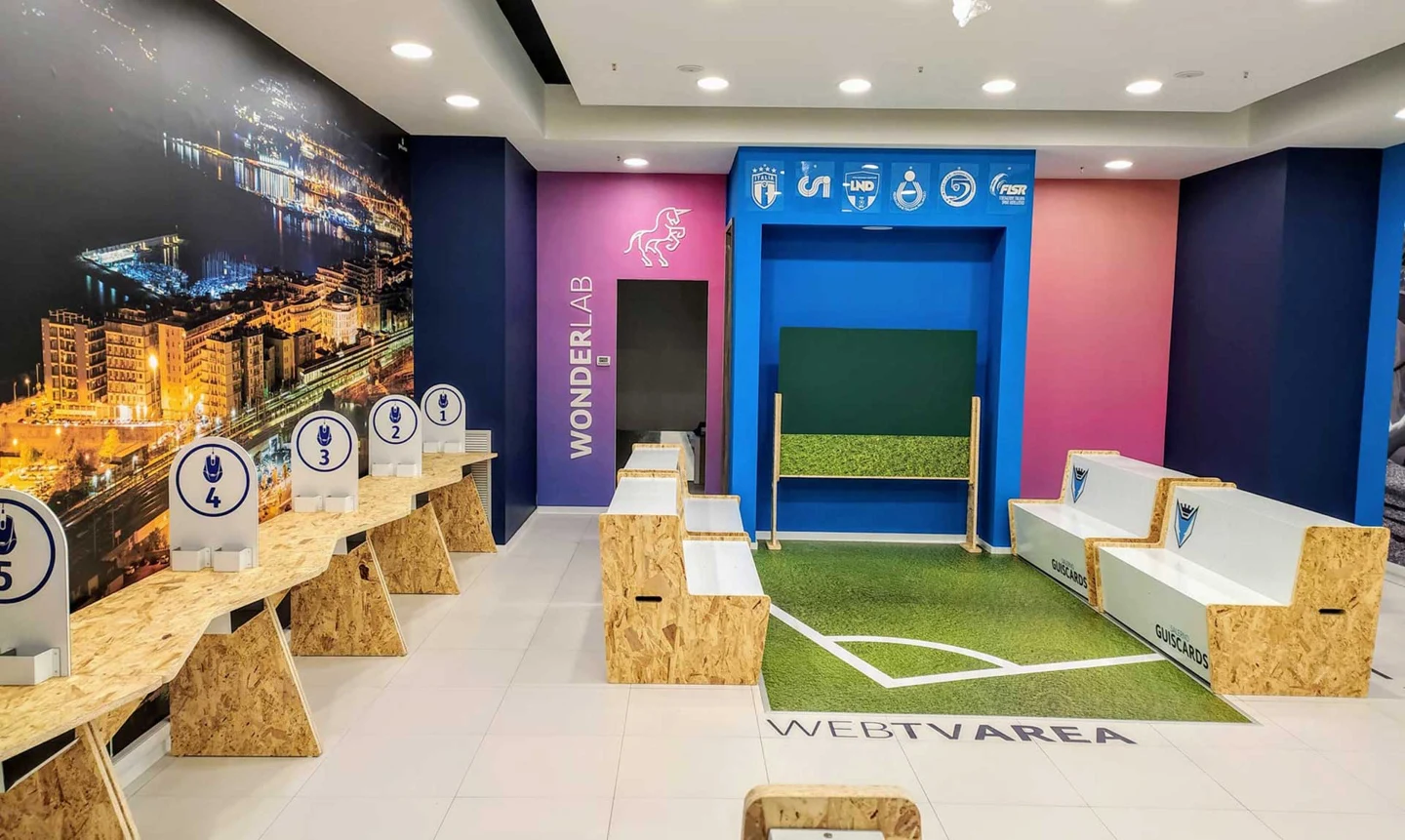 Leisure club interior using materials ranging from wood to acrylic