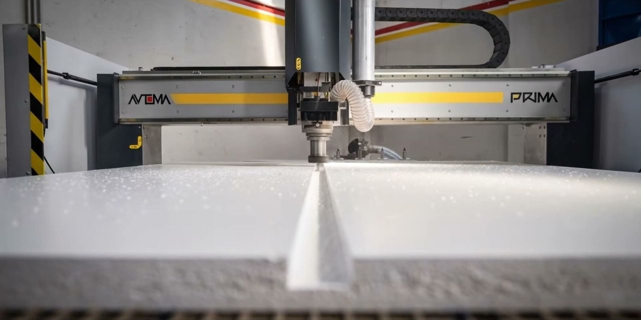 La PRIMA fresa un pannello, con la polvere sollevata dalla fresa